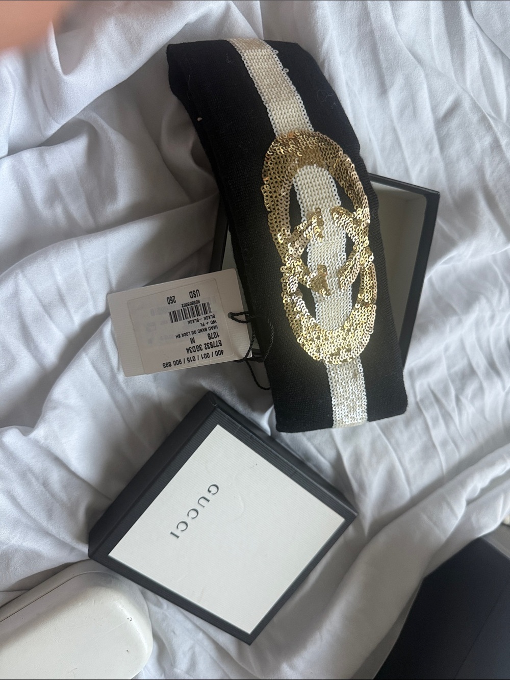 Gucci Black and White Sequin GG Headband with Gold Logo